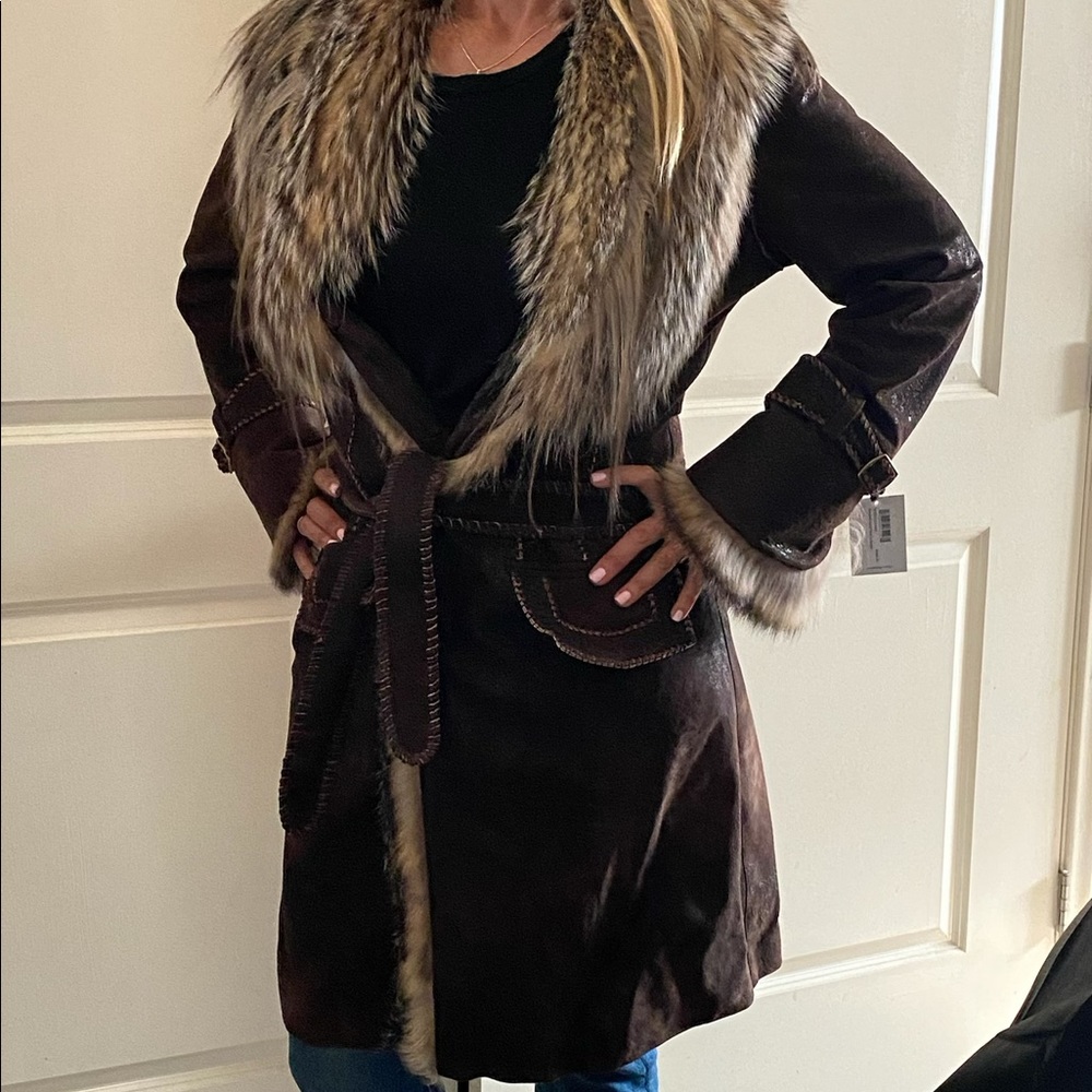 BROWN BRICK ITALIAN LAMB WITH BADGER Amazing hand detail by Hoss couture